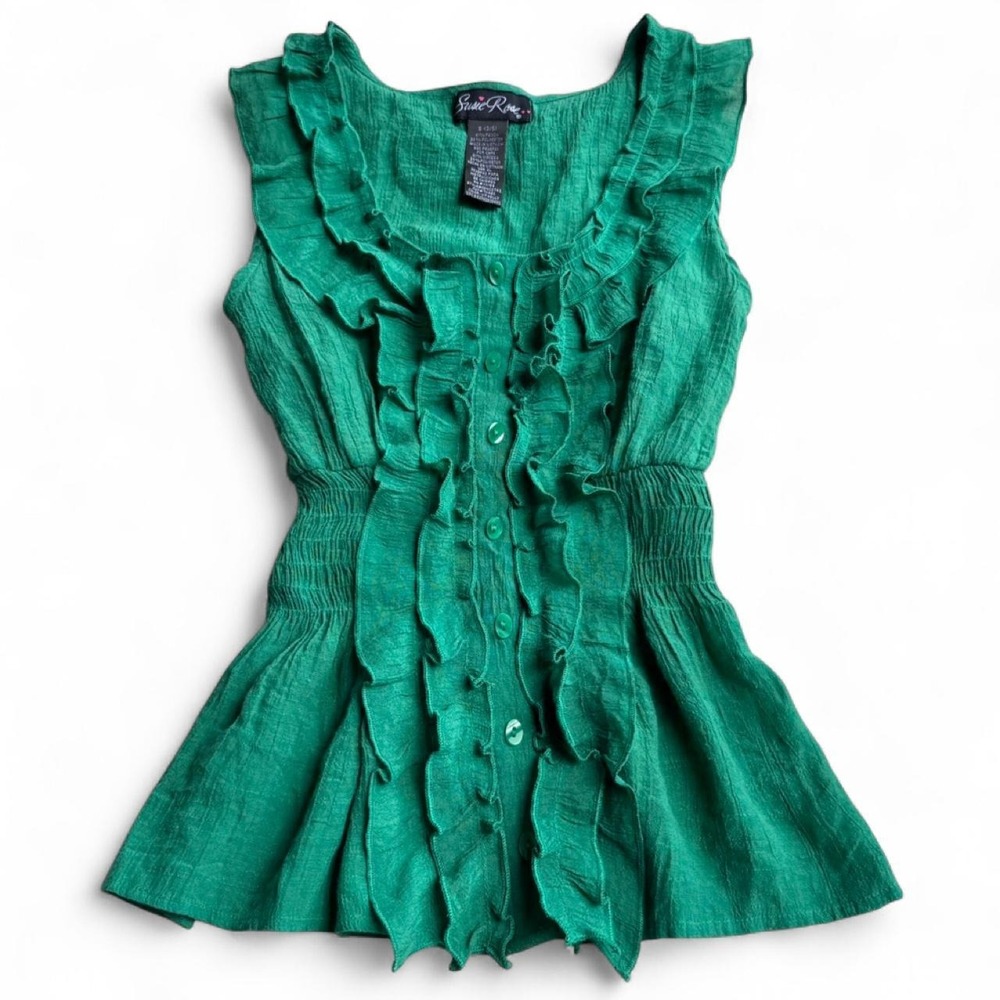 Y2K Green Susie Rose Ruffle Button Front Boho Peplum Top Small